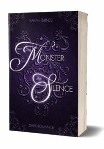 Print-Mock-up zu "The Monster and the Silence". Buchcover enthält Schmuckornament im Hintergrund.
