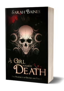 Print mock-up zum Buch. Ein Totenkopf umgeben von Sichelmonden aus Knochen